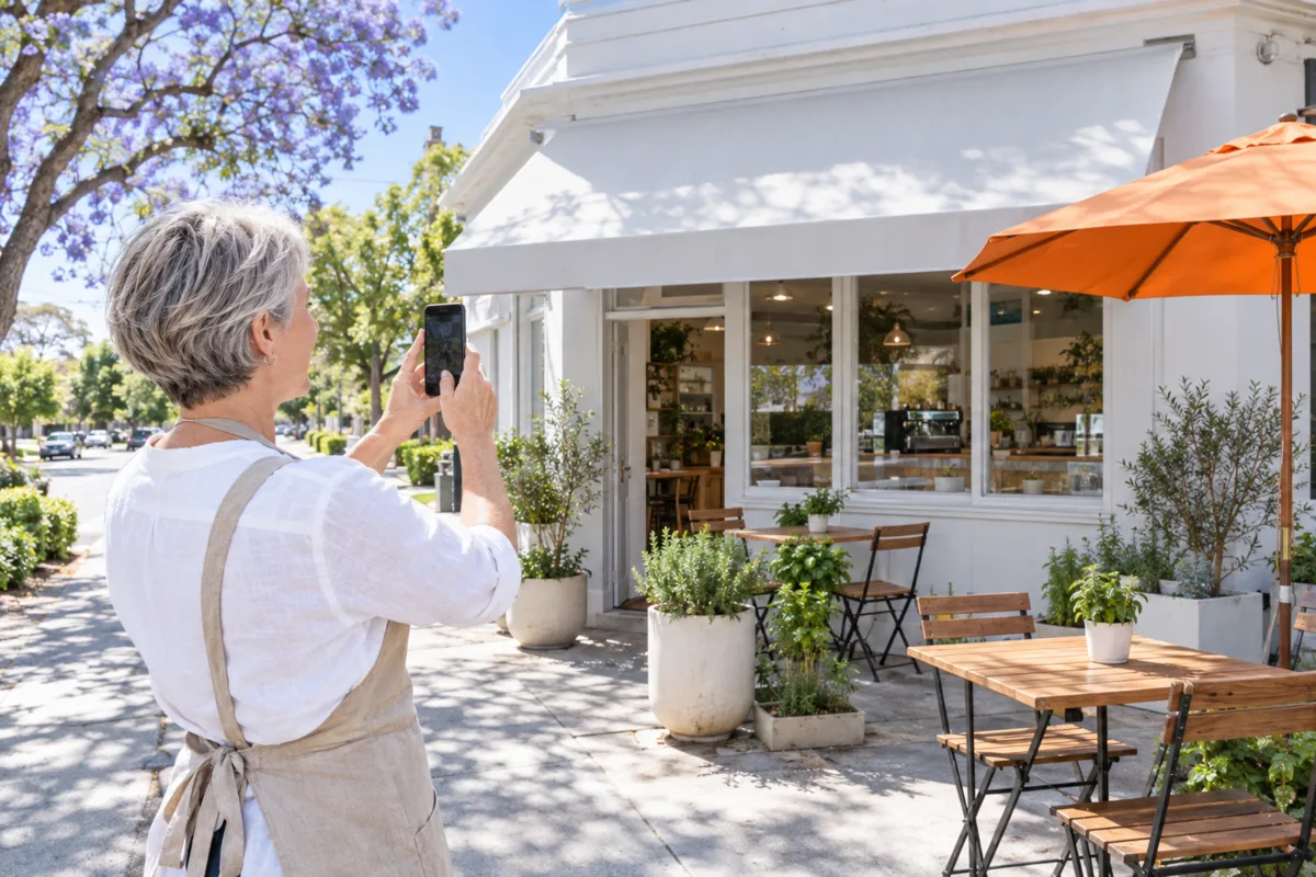 An Adelaide café owner in an apron photographs her own shopfront on a sunny street with her phone, to add real photos to her Google Business Profile