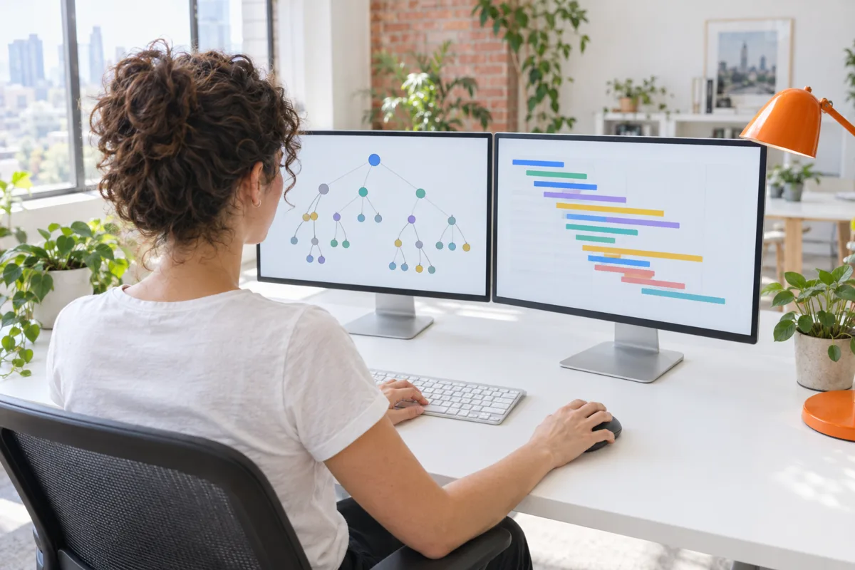 Over the shoulder of a FactoryJet engineer in a Melbourne studio, one monitor showing a map of a website's pages as connected circles and the other a page load waterfall of coloured bars