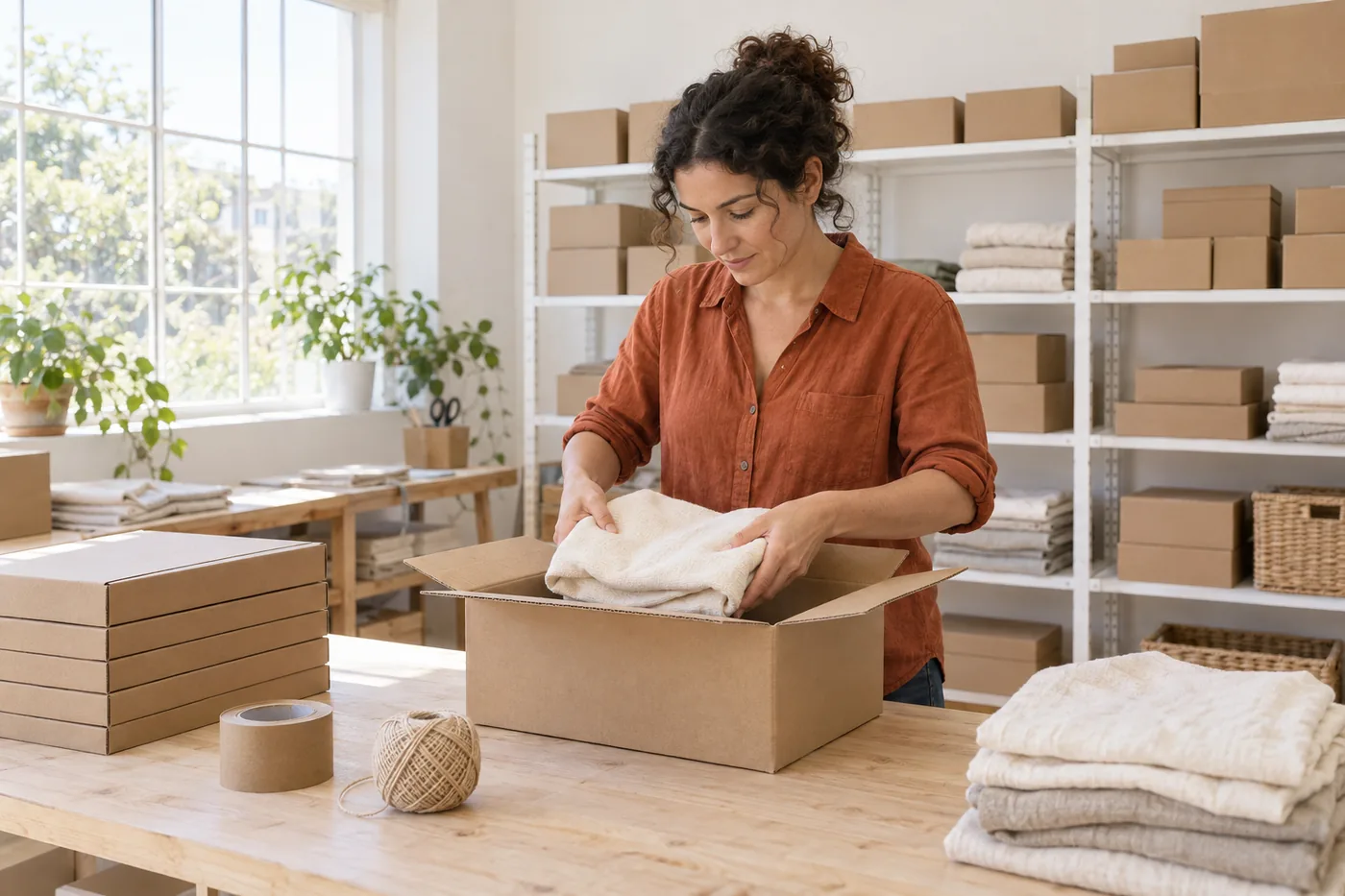 A woman in a rust-orange linen shirt places a folded cream garment into a plain cardboard box at a timber packing bench, with shelves of plain boxes and folded fabric behind her