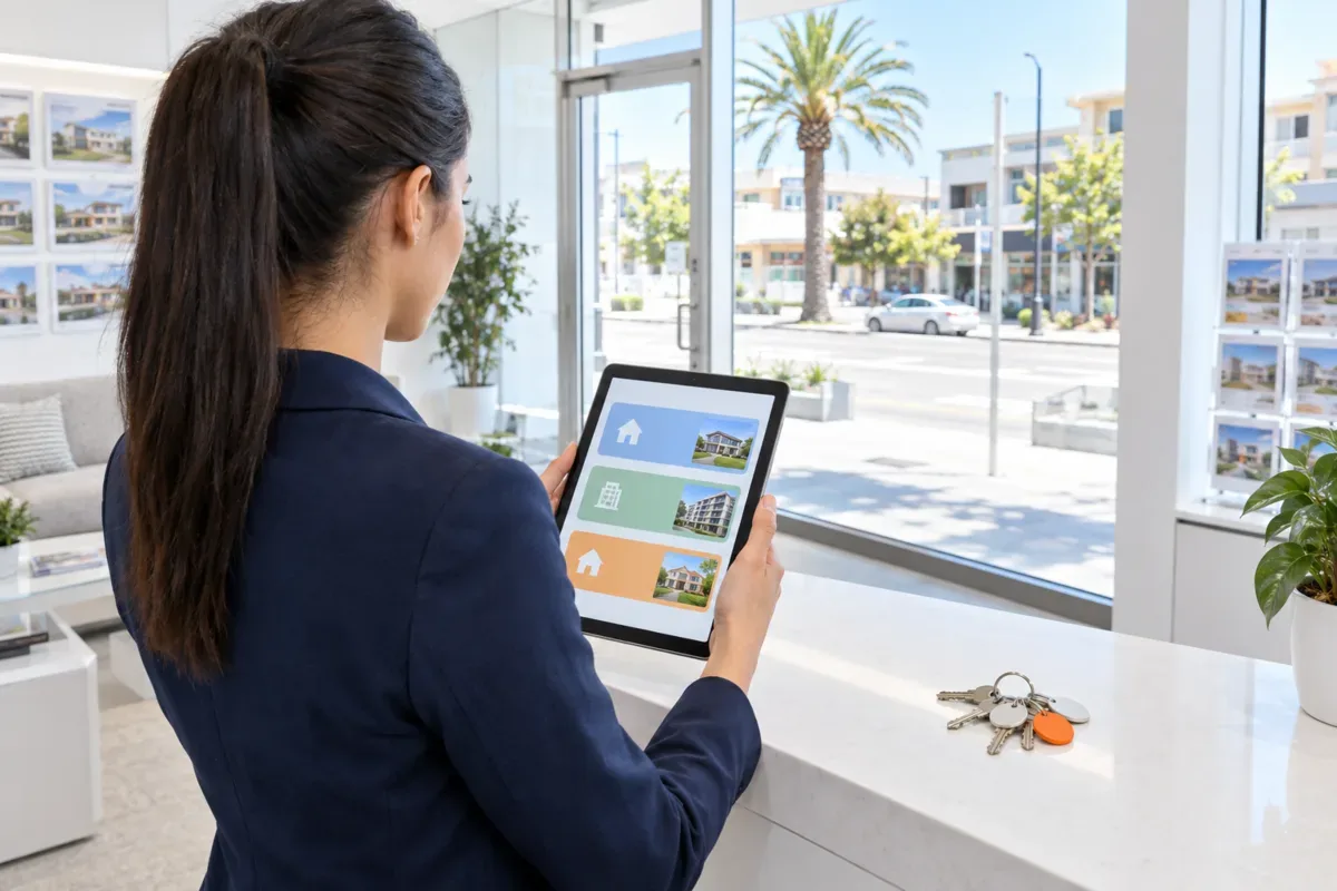 AI-generated photo showing A Perth property manager at the agency counter checking maintenance requests an AI agent has sorted, on a tablet