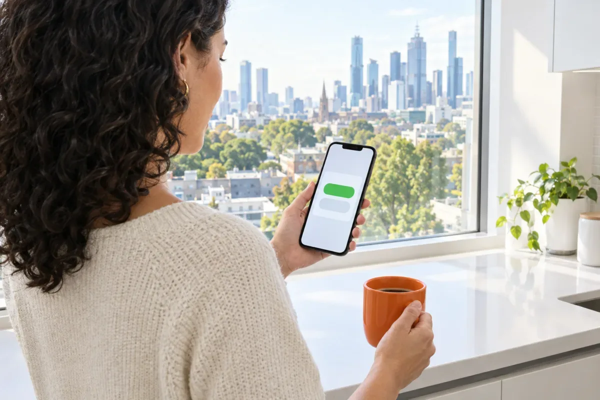 AI-generated photo showing A Melbourne operations lead approving an action an AI agent drafted, on her phone