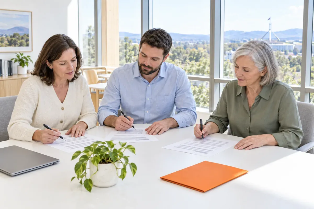 Three colleagues in a calm, bright Canberra office reading and marking up a printed draft AI usage policy together, with Parliament House in the distance