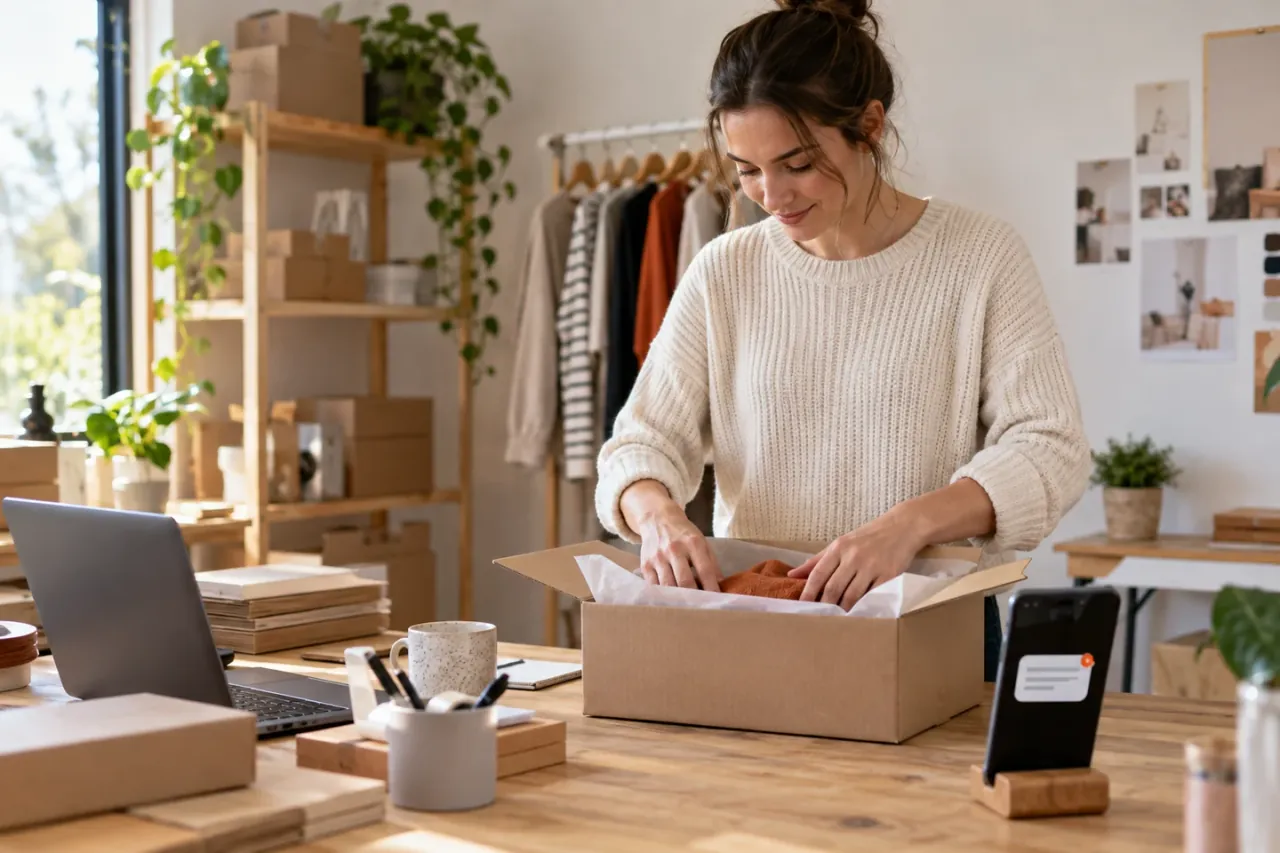 AI-generated photo showing The owner of a small online store packing an order while a chat notification shows on her phone