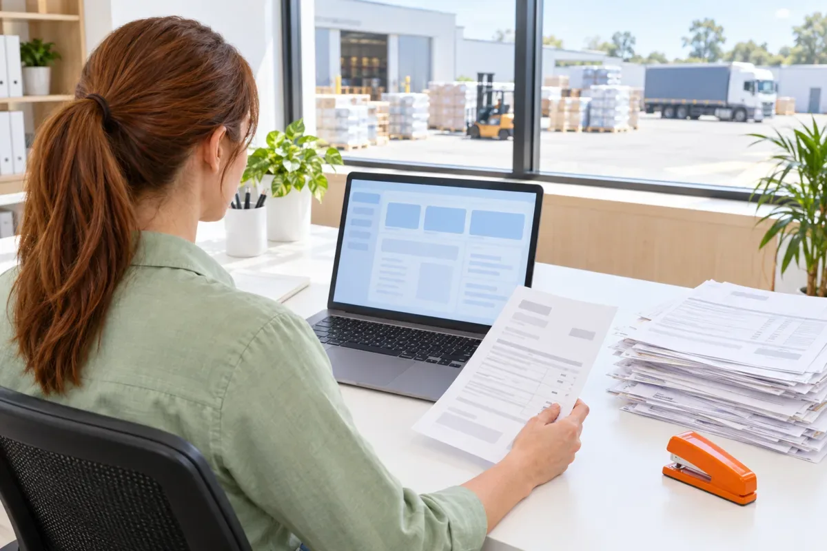 AI-generated photo showing An office administrator holding a printed purchase order beside a stack of orders waiting to be keyed in