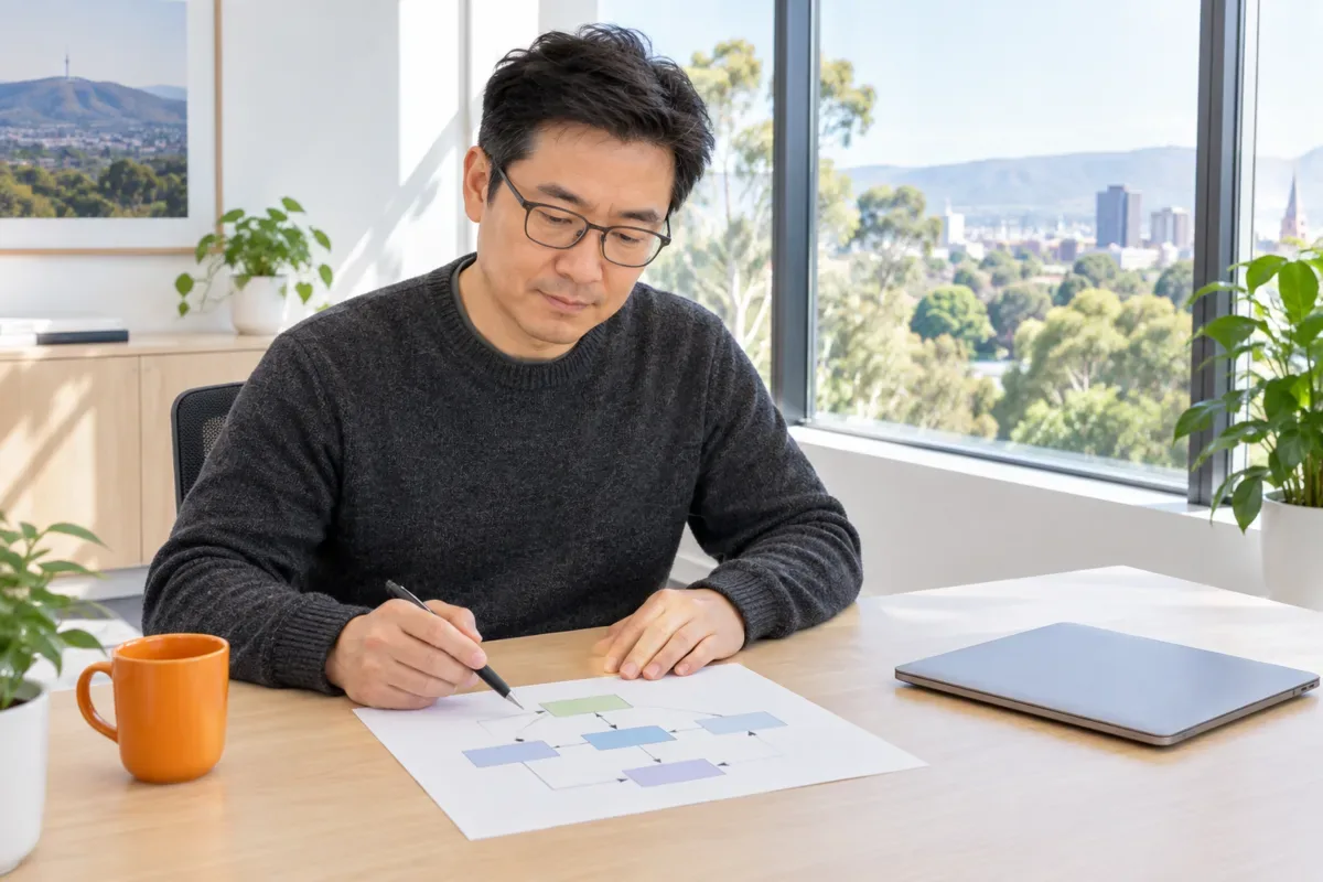 AI-generated photo showing A privacy officer reviewing a printed data map of boxes and arrows showing where information in an AI system goes