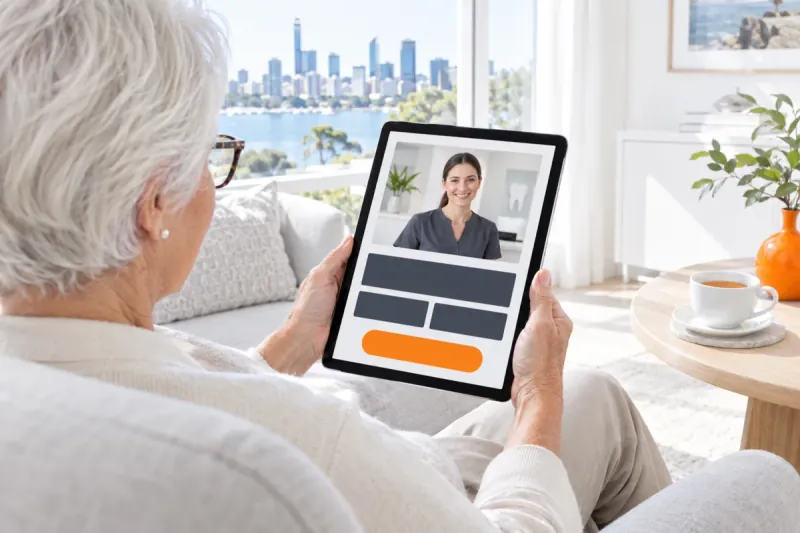AI-generated illustrative scene: Over the shoulder of an older woman in a Perth living room using a high-contrast dental practice website with large buttons on her tablet