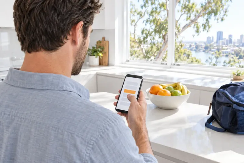 AI-generated illustrative scene: Over the shoulder of a man in a Brisbane kitchen choosing an appointment time on a dental practice booking screen on his phone