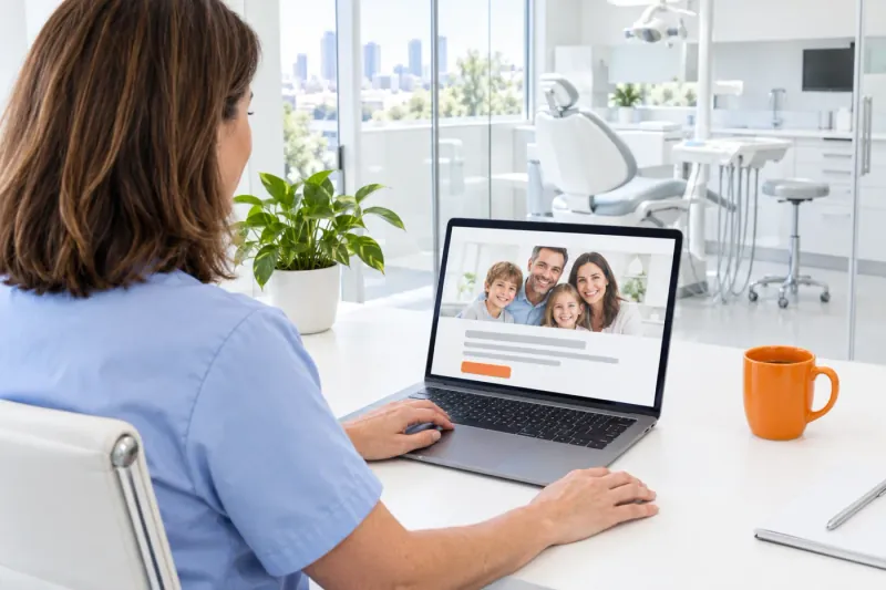 AI-generated illustrative scene: Over the shoulder of a Melbourne dental practice owner reviewing her new dental website on a laptop, with a treatment room behind the glass wall
