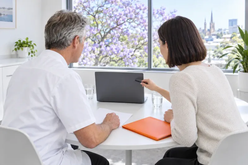 AI-generated illustrative scene: A dentist and a FactoryJet content strategist reviewing website copy together on a laptop in an Adelaide practice staff room