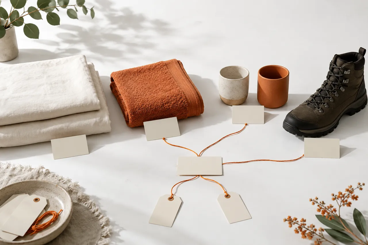 AI-generated editorial still life of homewares, a hiking boot and blank category cards connected by orange thread, illustrating catalogue hierarchy