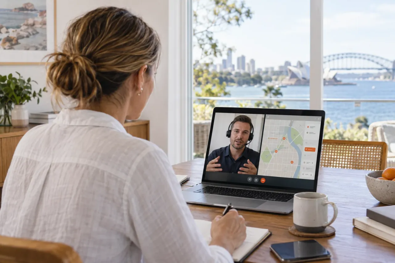 AI-generated photo showing A FactoryJet specialist on a video call with an Australian business owner, both looking at their own screens showing a map grid, screens facing each person, no readable text