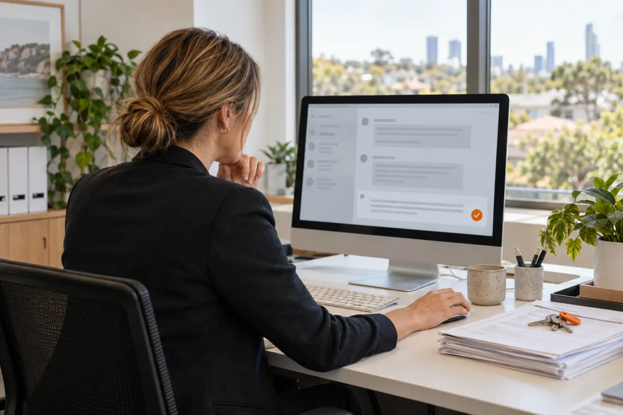 AI-generated photo showing An Australian property manager at her desk reviewing an AI-drafted reply to a tenant enquiry on her monitor, monitor facing her, no readable text or logos