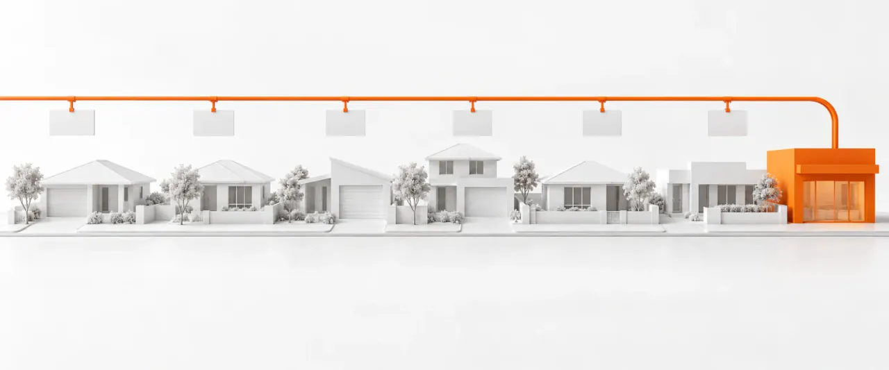 AI-generated model: a white Australian street of house models with small listing cards on a rail running above them into one orange agency building