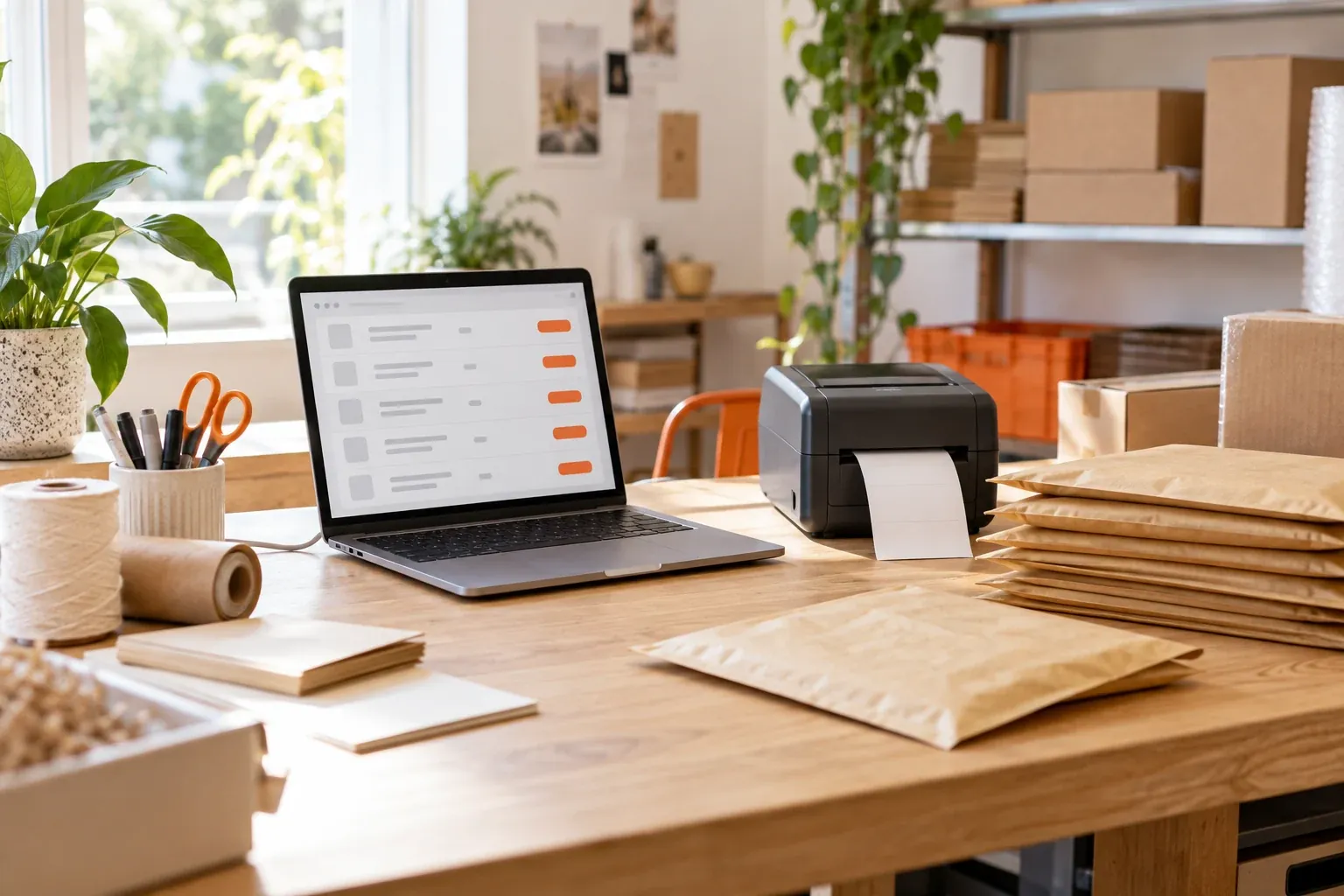 AI-generated photo showing An online store dispatch desk with an order dashboard on a laptop, a label printer and courier satchels