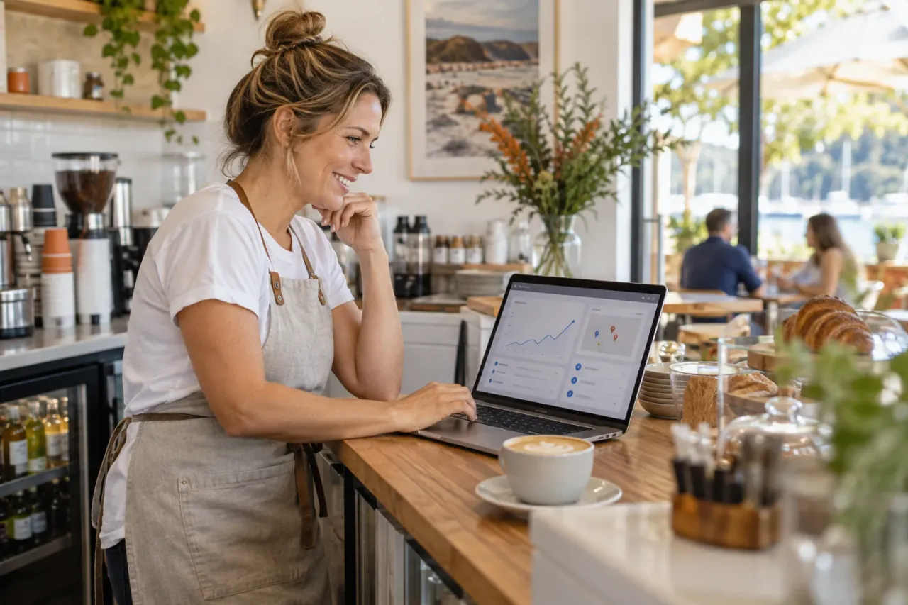 AI-generated photo showing The owner of a small Australian cafe or trade business at a counter, looking at her Google Business Profile and website enquiries on a laptop that faces her, no text or logos visible