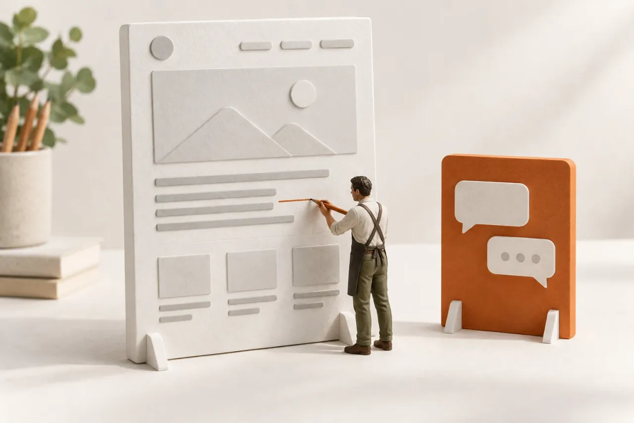 AI-generated model: a white website page model with an orange AI assistant chat card beside it, a small human figure checking and correcting a line on the page