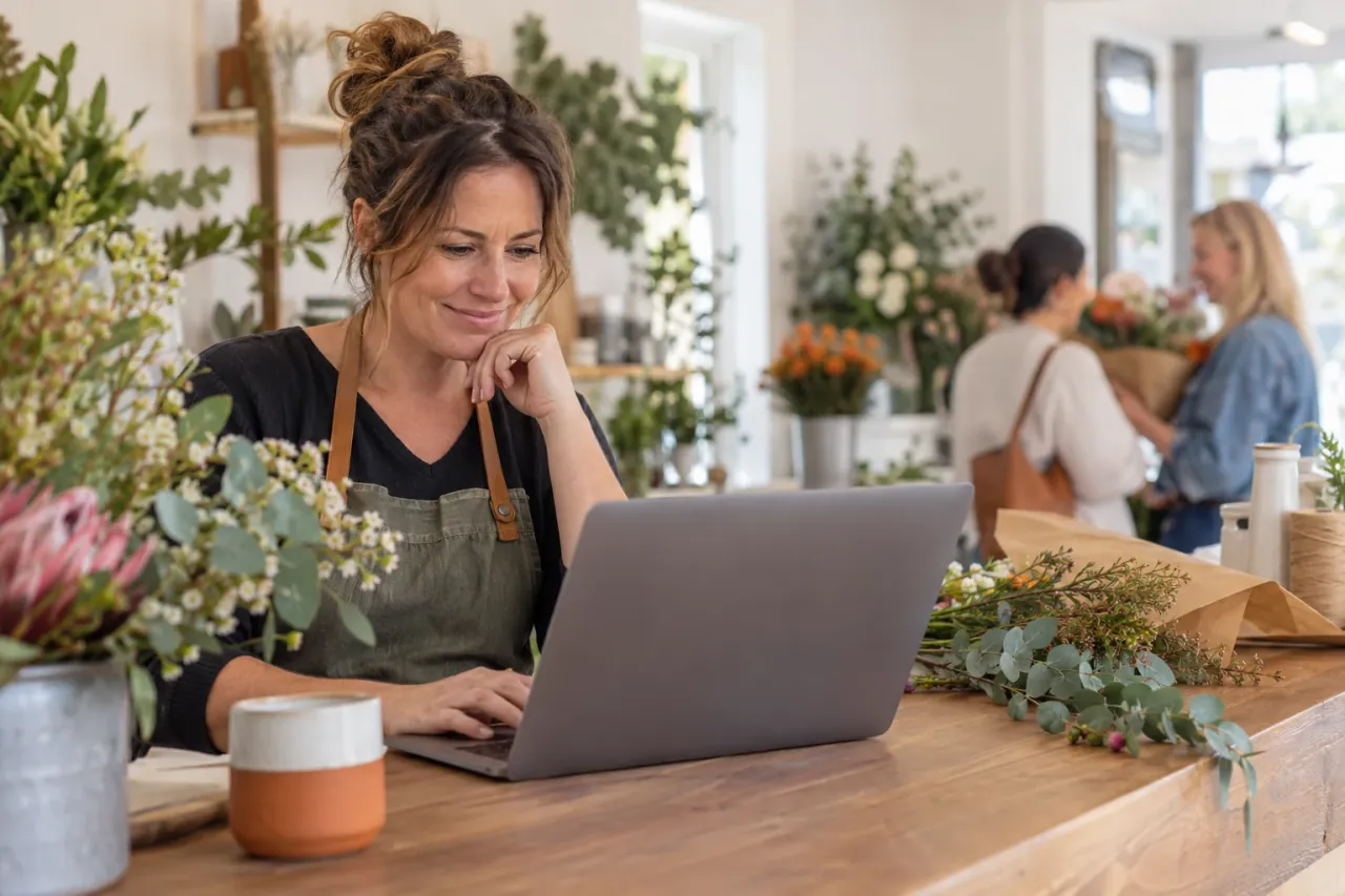 AI-generated photo showing Over the shoulder of the owner of a small Australian café or florist at her counter, reviewing her new website homepage on a laptop that faces her, customers blurred in the background; no readable text or logos