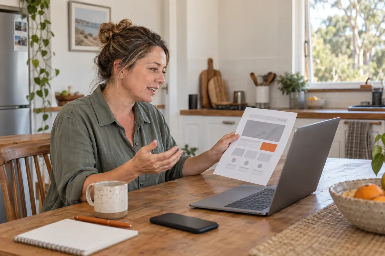 AI-generated photo showing An Australian small business owner at her kitchen table on a video call with a web designer, a printed homepage design and a phone beside her laptop, the laptop screen facing her; no readable text