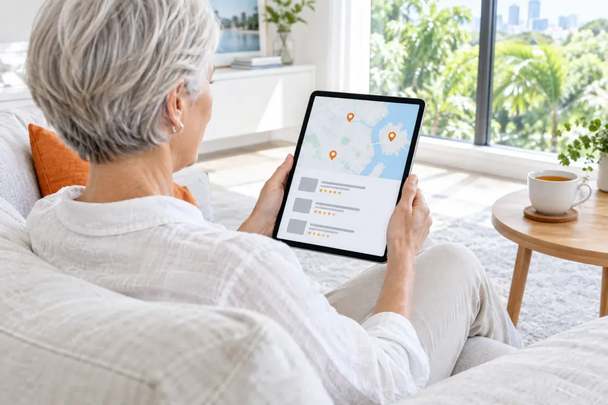 AI-generated photo showing A homeowner on her couch comparing local tradies on a map with reviews on her tablet