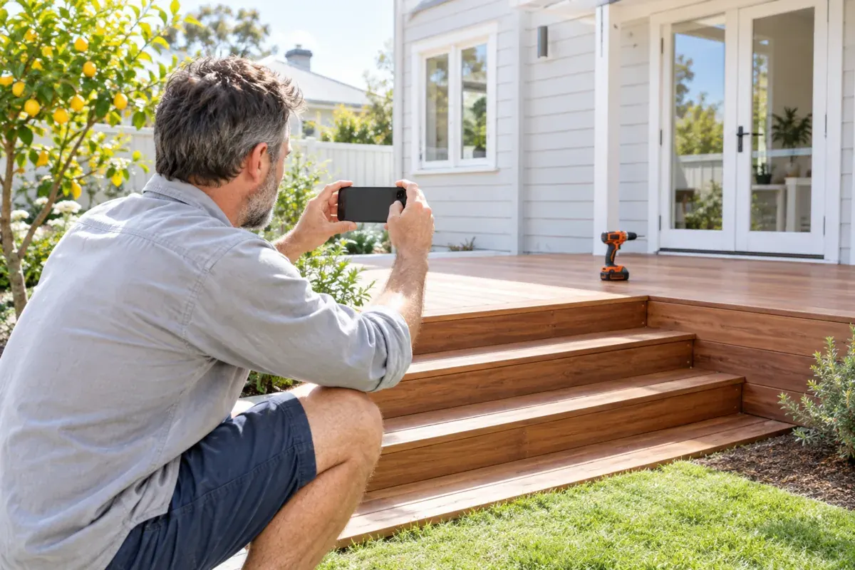 AI-generated photo showing A carpenter photographing a deck he has just finished, for his website project gallery