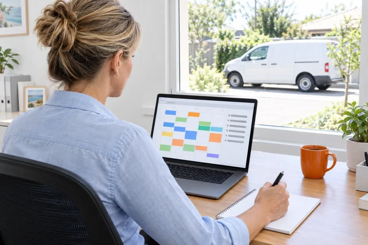 AI-generated photo showing The office manager of a family plumbing business reviewing the week's job schedule on her laptop, the work van outside