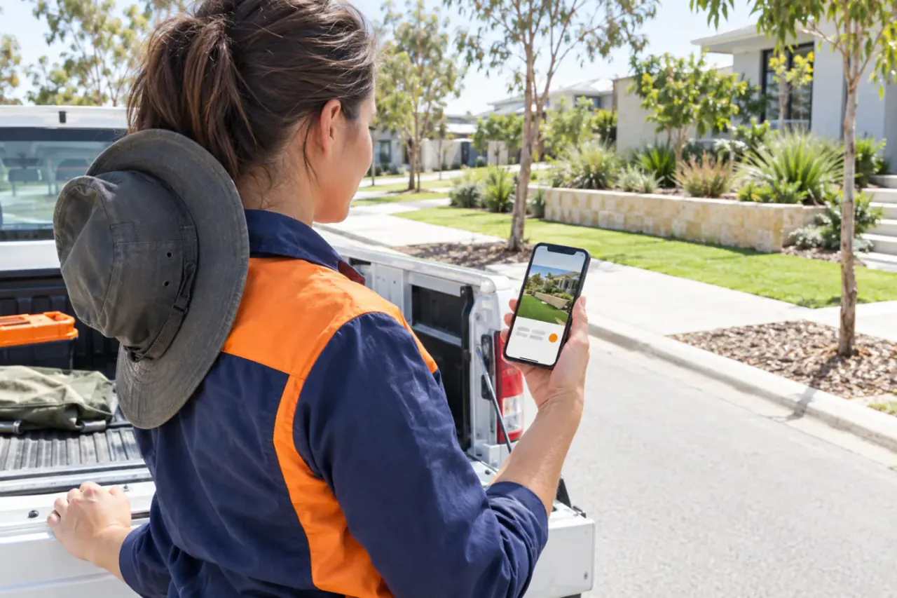 AI-generated photo showing A landscaper beside her ute checking her mobile website, which shows a photo of a garden she has just finished