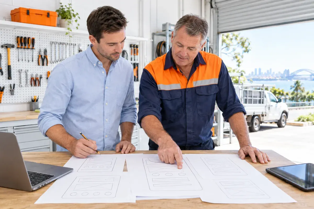 AI-generated photo showing A FactoryJet web designer and an electrician reviewing paper sketches of his mobile website on a workbench
