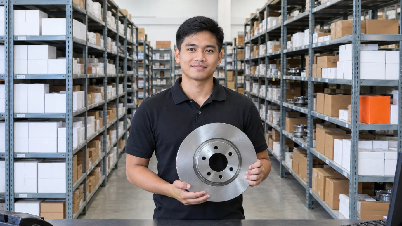 A parts counter worker holding a new brake rotor in front of long aisles of shelved cartons