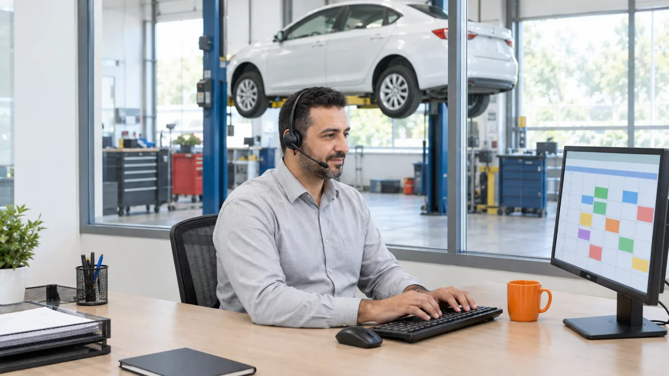 A service advisor in a headset typing at a desk with a colour-blocked calendar on the monitor, and a white sedan raised on a lift behind the glass