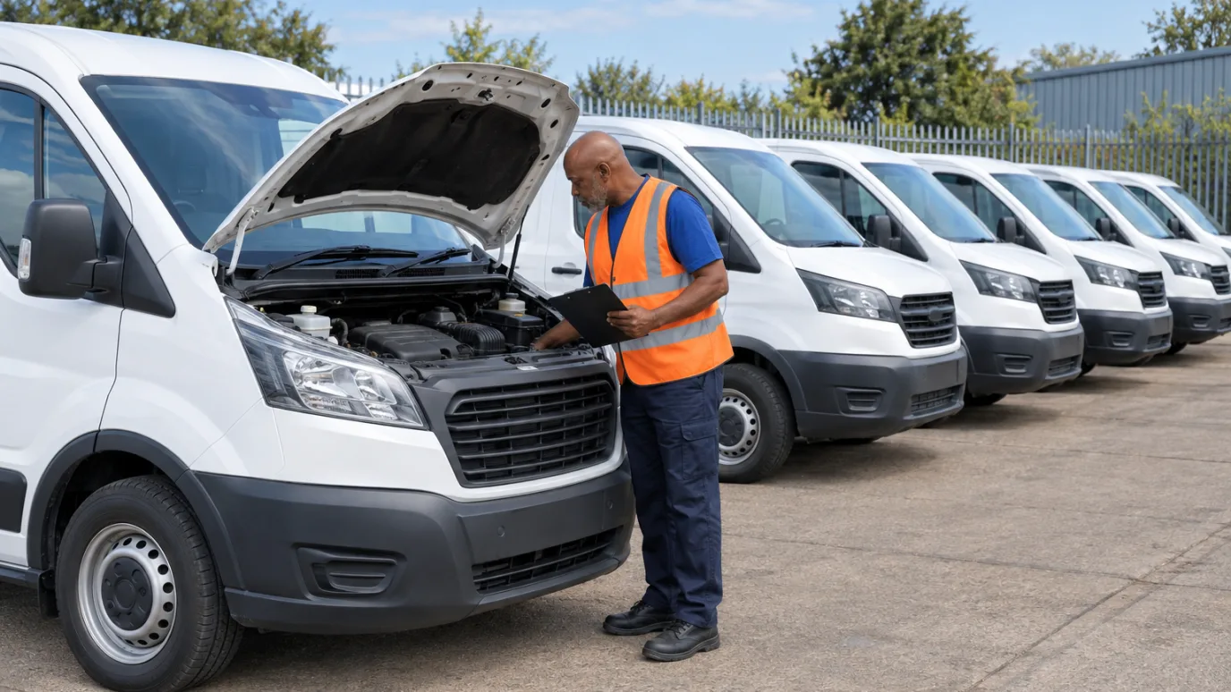 A man in a high-visibility vest holding a clipboard and checking under the raised hood of a white cargo van at the head of a row of identical vans