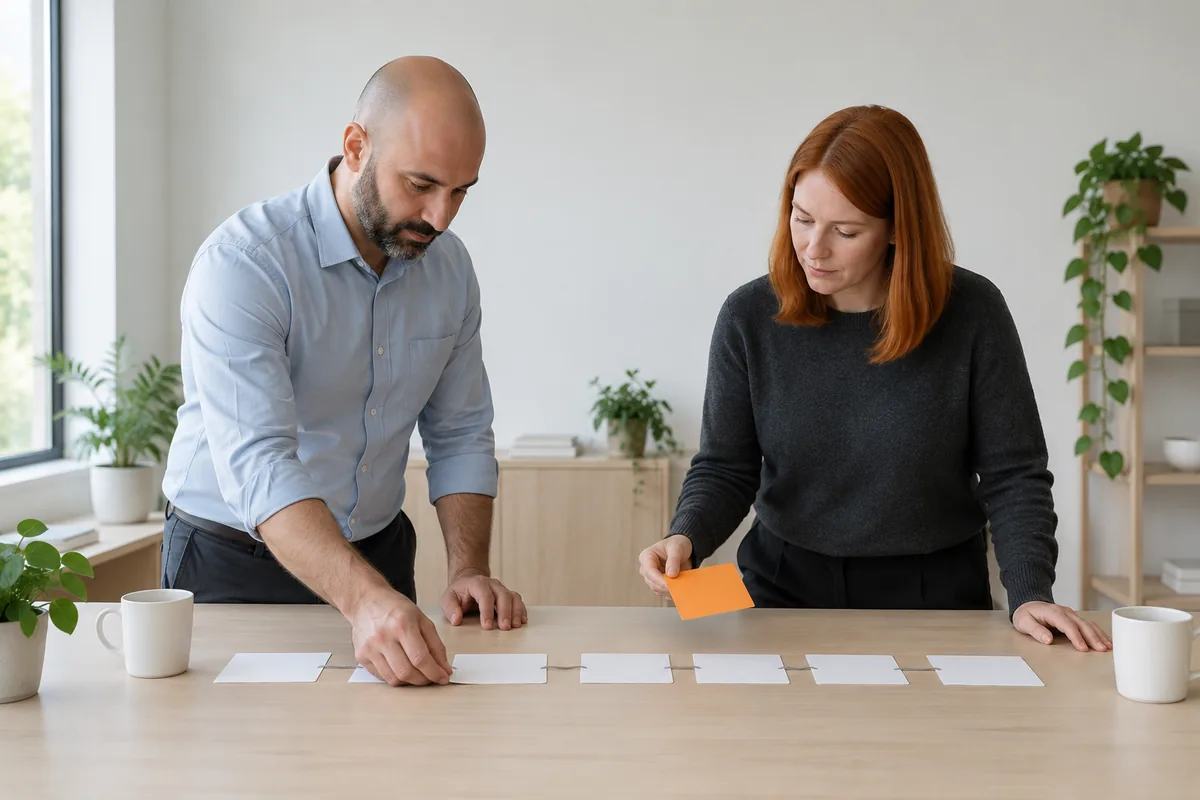 A bearded man in a light blue shirt and a red-haired woman in a charcoal sweater arrange a row of blank white cards on a table while she holds one orange card.