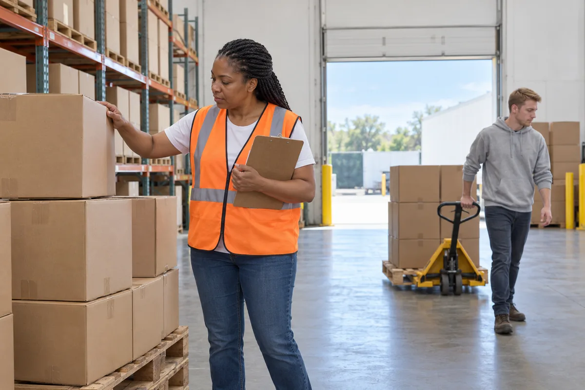 A woman in an orange safety vest holding a clipboard touches a stack of plain cardboard boxes on a pallet while a man pulls a yellow pallet jack near an open dock door