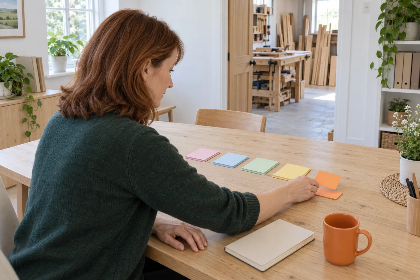 A woman with auburn hair in a green jumper sorts blank pastel cards into five groups on an oak table, with a joinery workshop visible through the doorway behind her