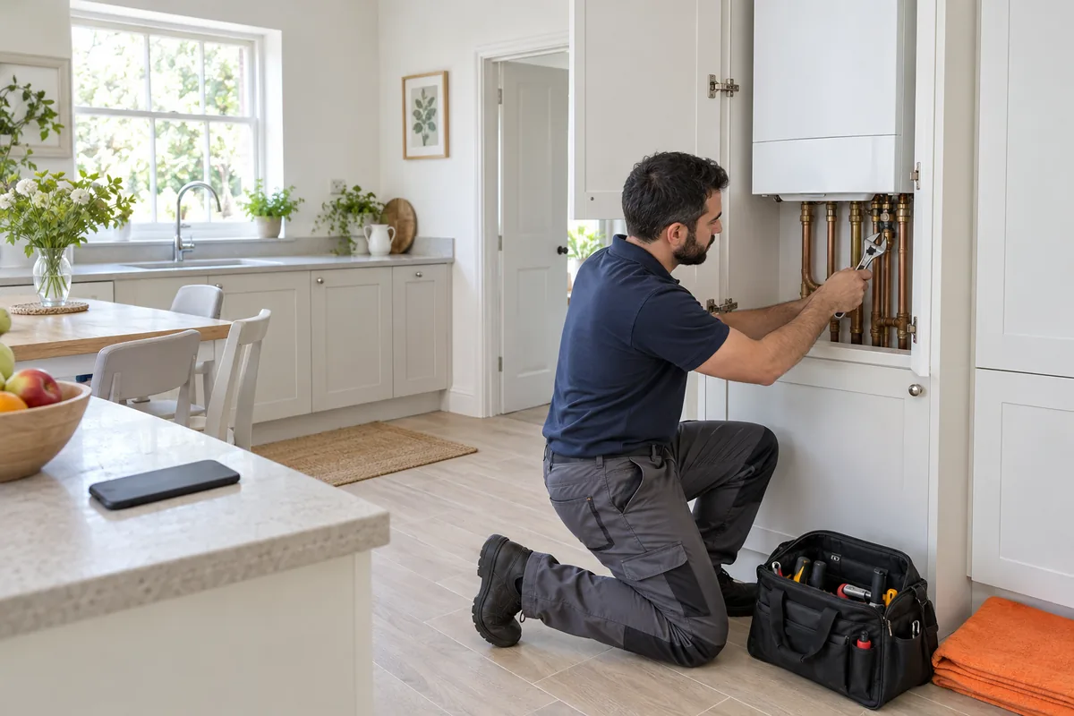 A heating engineer in a navy polo shirt kneels at an open boiler cupboard holding a spanner, while a phone lies face down on the kitchen worktop behind him