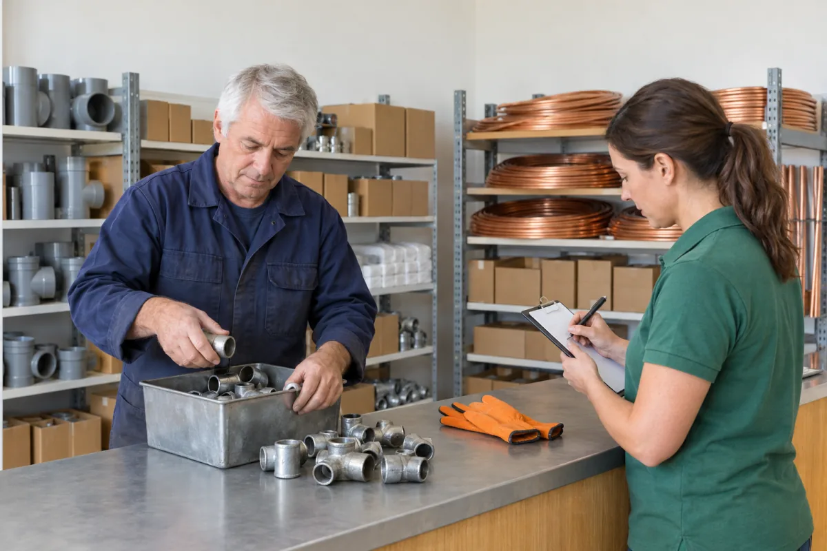 A grey-haired man in a navy work jacket drops steel pipe fittings into a metal bin on a trade counter while a woman in a green polo shirt writes on a clipboard beside a pair of orange work gloves