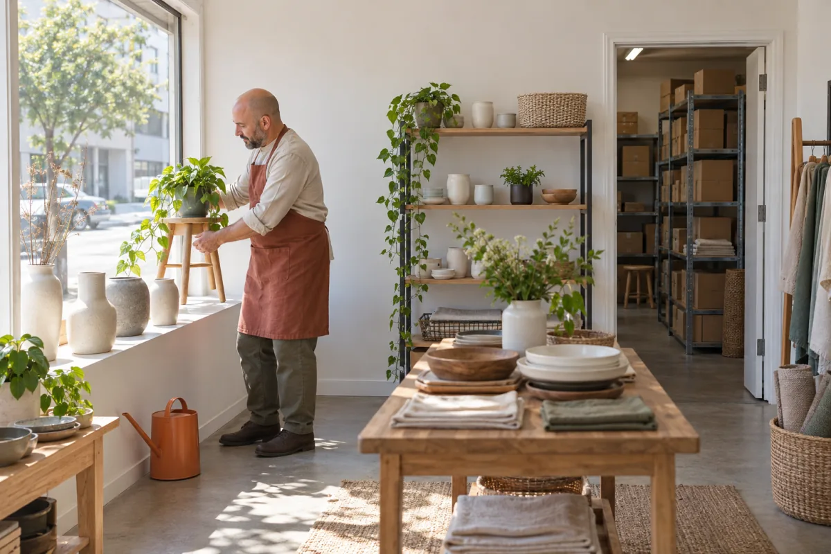 A man in a rust-colored apron sets a potted plant on a wooden stool into a shop window display while an open doorway behind the shop floor shows stockroom shelves stacked with plain boxes