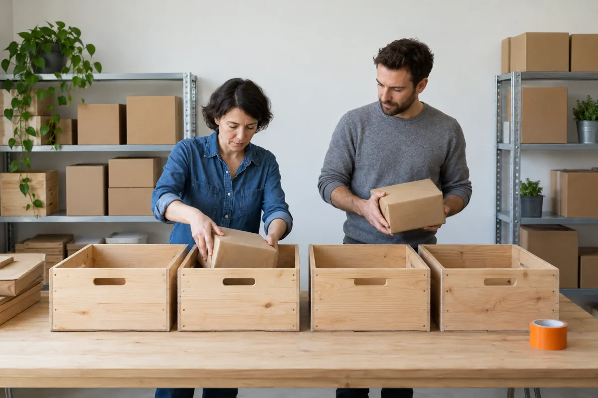 A woman in a denim shirt places a plain brown parcel into one of four open wooden crates on a long table while a man in a grey sweater holds another parcel beside a roll of orange tape