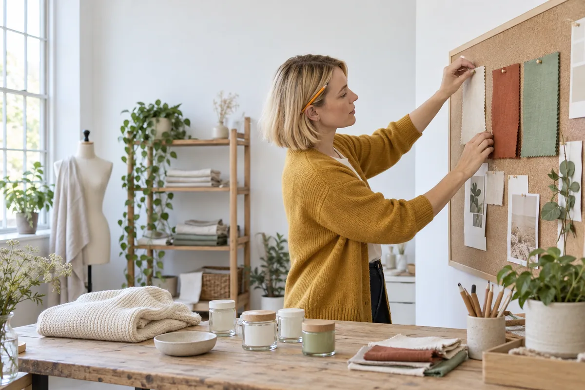 A woman with a blonde bob and a mustard cardigan pins fabric swatches to a cork board in a bright studio, with glass jars and a folded cream jumper on the table in front of her