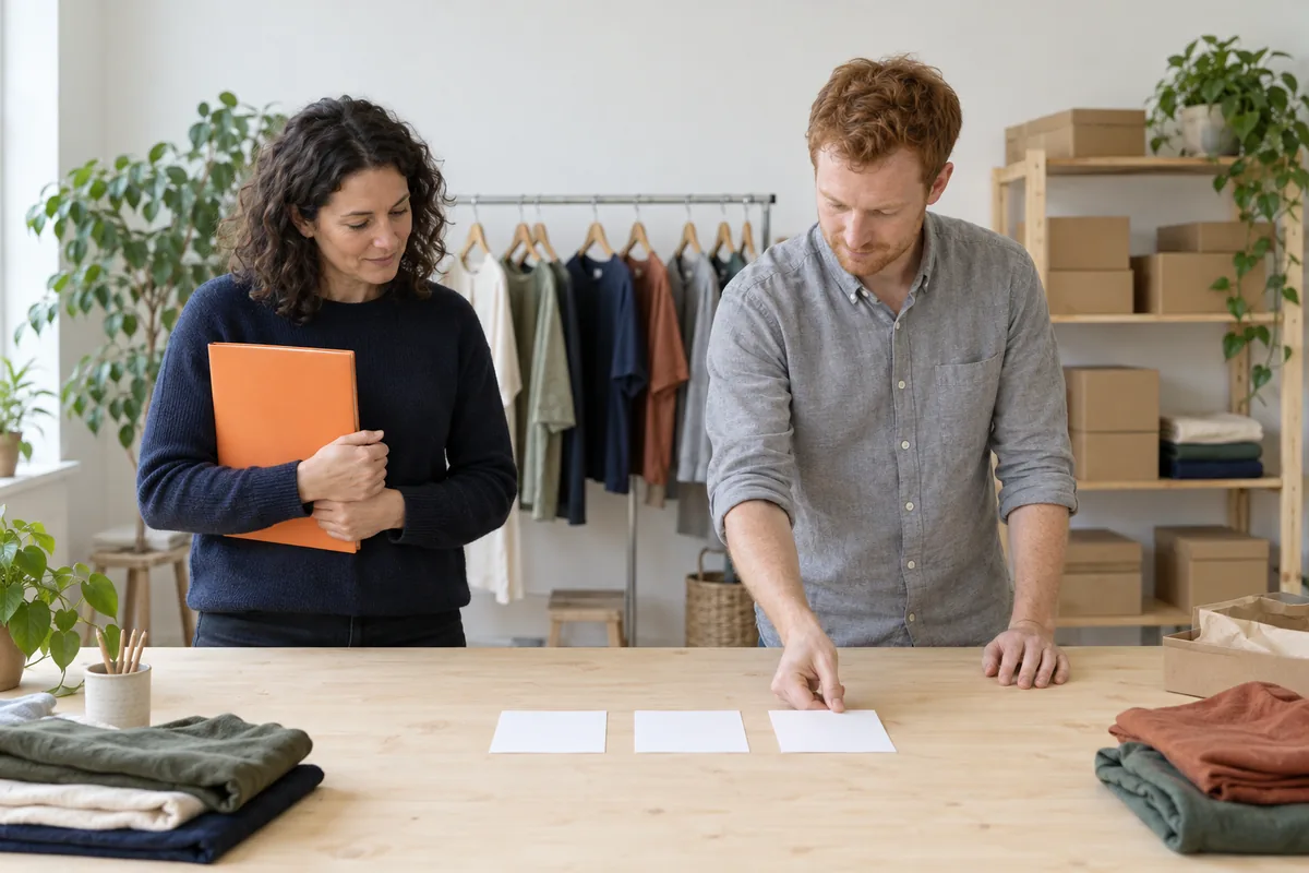 A woman in a navy jumper holding an orange folder and a man in a grey shirt stand at a wooden table with three blank white cards laid in a row, in front of a clothes rail and shelves of brown boxes