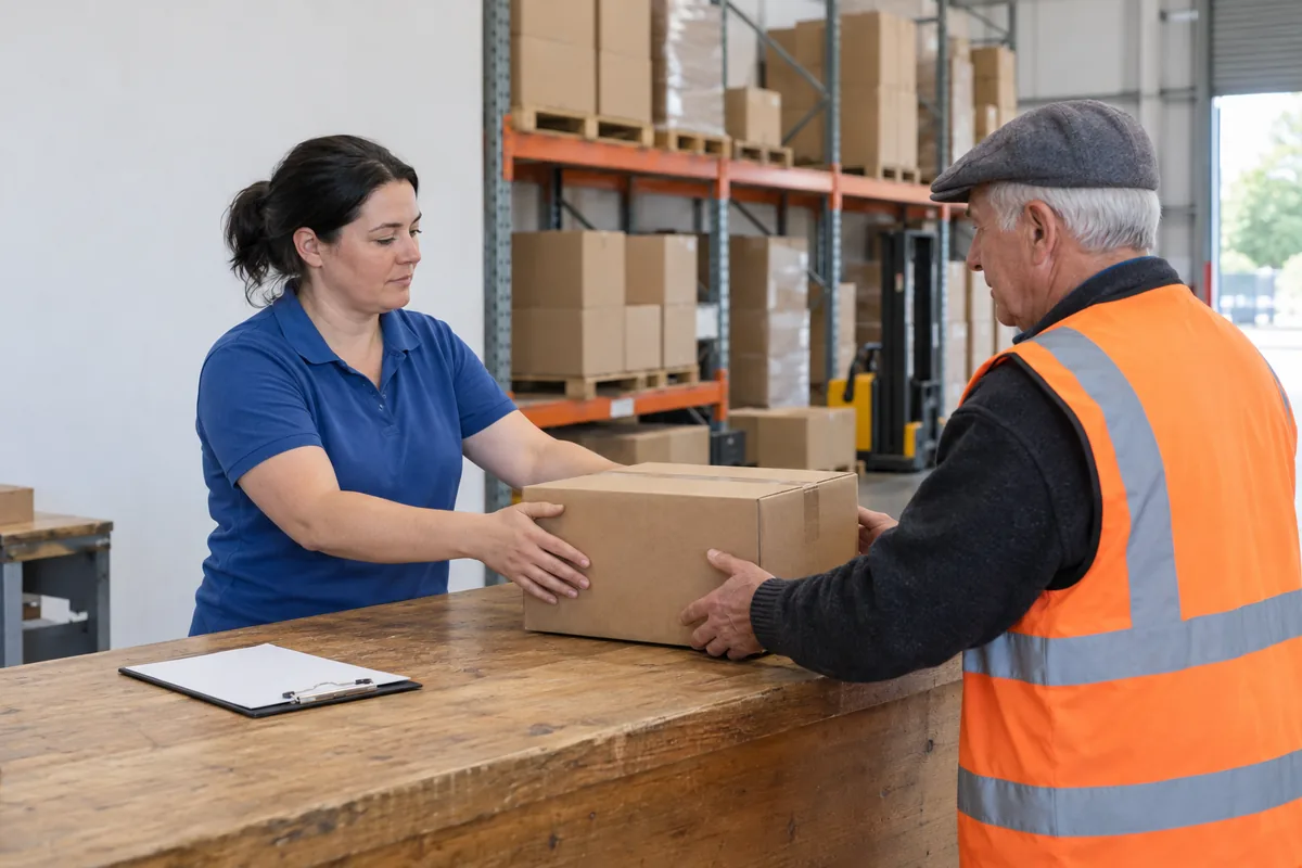 A woman in a blue polo shirt slides a brown cardboard box across a wooden counter to a man in an orange safety vest and flat cap, with pallet racking of boxes behind them