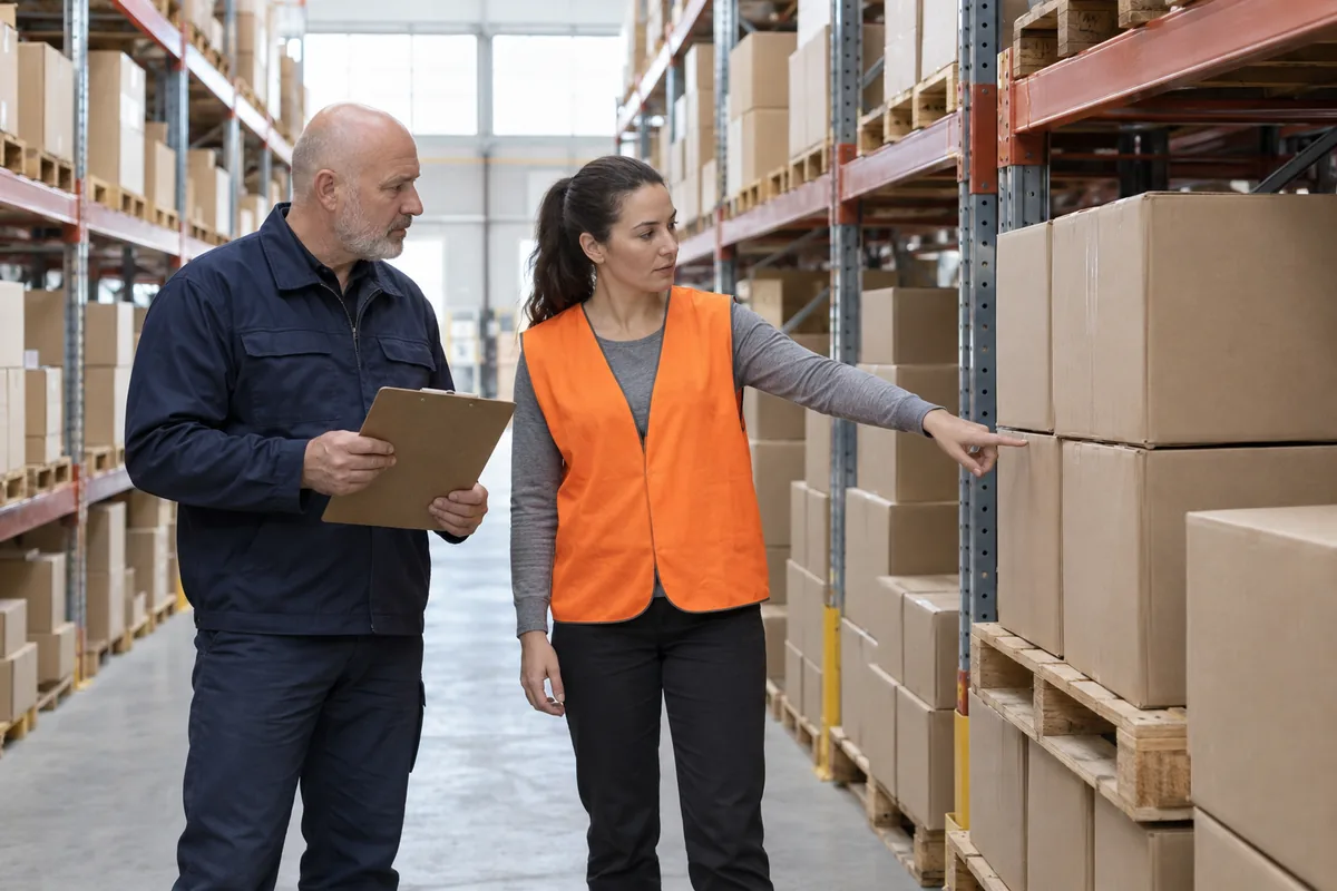 A man holding a clipboard and a woman in an orange safety vest stand in a warehouse aisle as she points at plain cardboard cartons stacked on a pallet