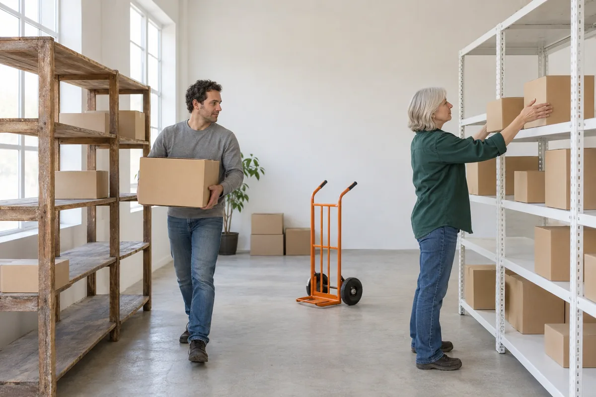 A man carries a plain cardboard box from old wooden shelves toward new white metal shelves where a woman is placing another box, with an orange hand truck between them