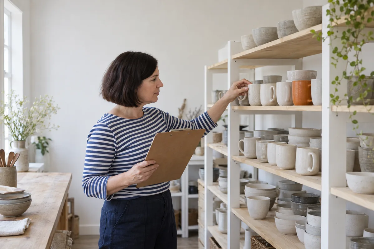 A woman with a dark bob and a striped top holds a wooden clipboard and reaches for a mug on white shelves filled with cream and grey ceramic mugs and bowls and one orange mug