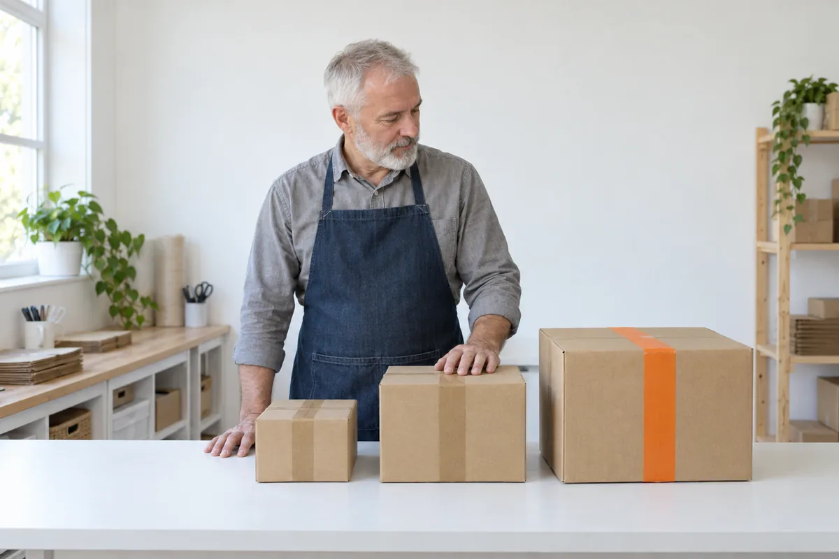 A man with a white beard and a denim apron rests his hand on the middle of three plain brown parcels lined up small, medium and large on a white bench, the largest sealed with orange tape