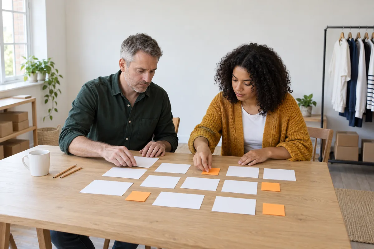 A man in a dark green shirt and a woman in a mustard cardigan sit at a pale oak table arranging blank white cards and orange sticky notes into rows, with a white mug and two pencils beside them