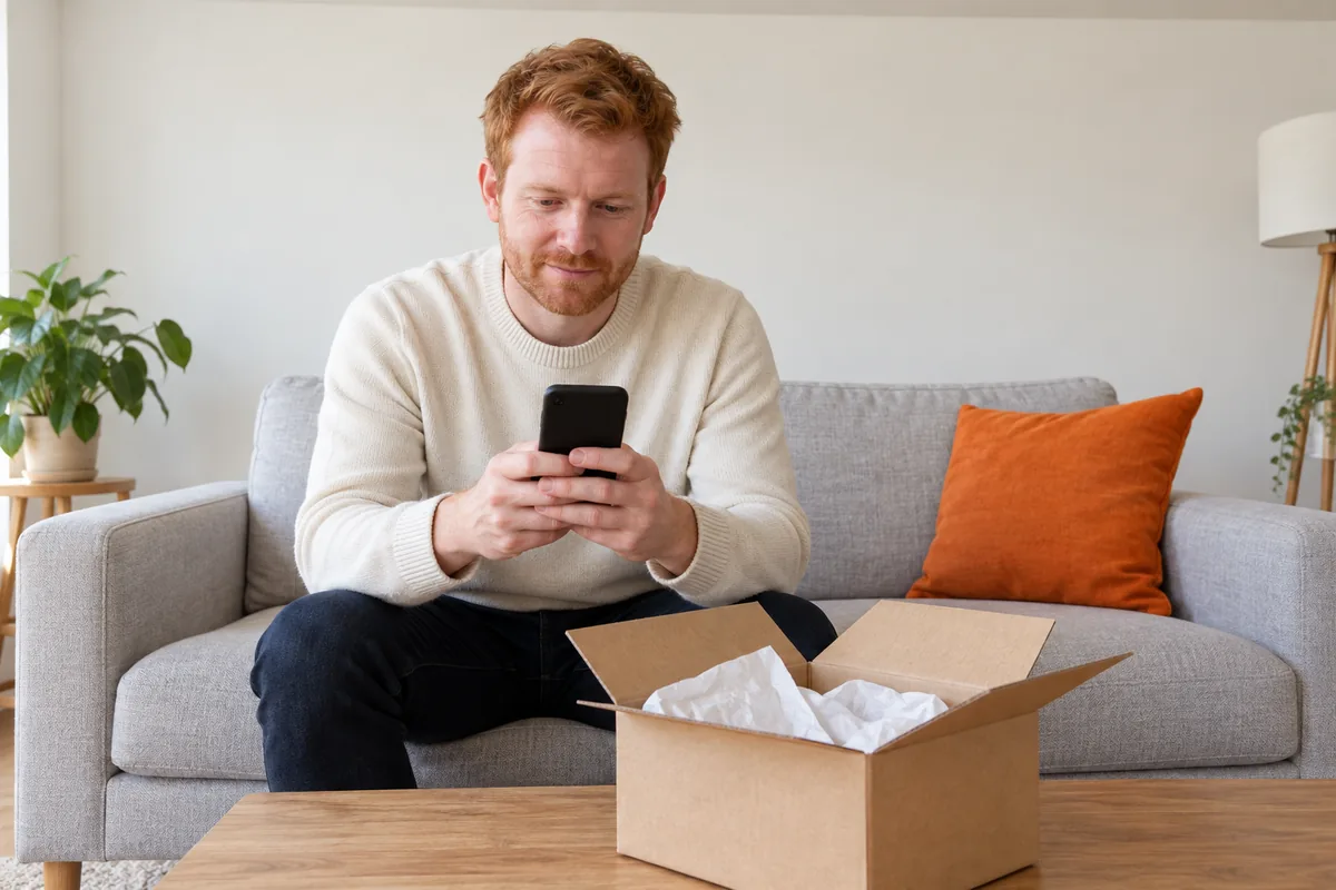 A red-haired man in a cream sweater sits on a gray sofa looking down at a black phone in his hands, with an open cardboard box of tissue paper on the table and an orange cushion beside him.