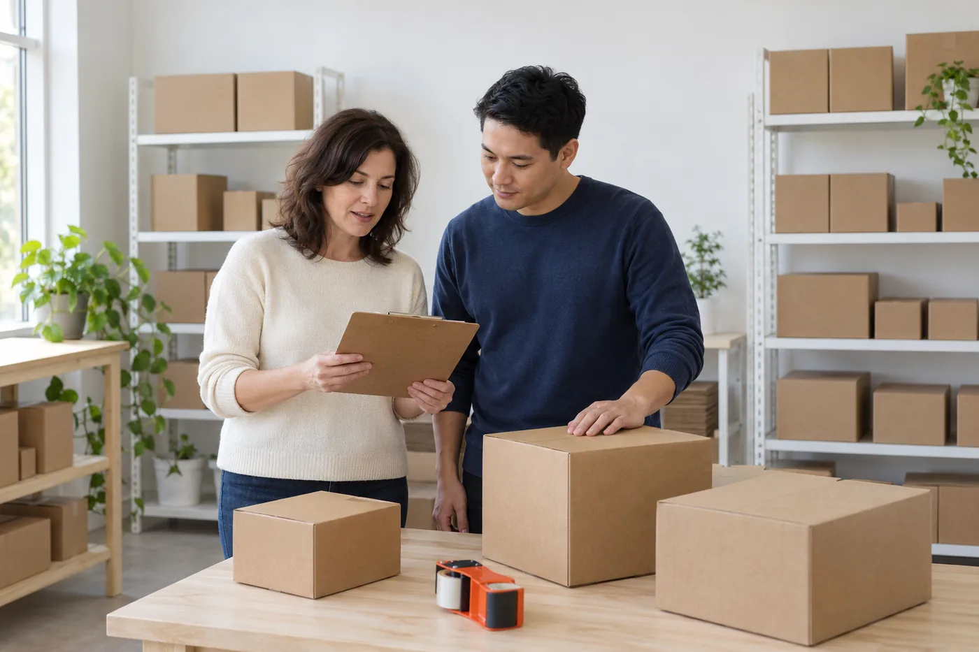 A woman in a cream sweater holds a clipboard while a man in a navy jumper rests his hand on a cardboard box at a packing table, with shelves of plain boxes behind them.