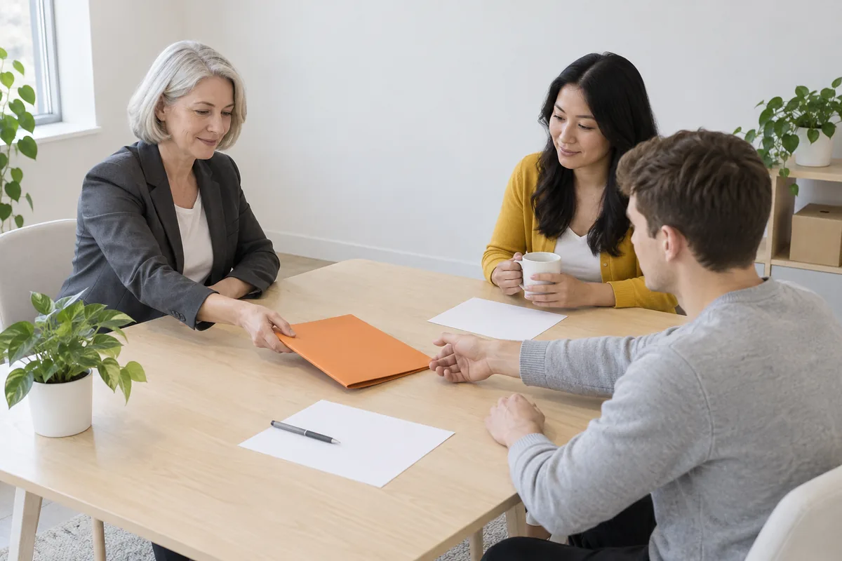 A silver-haired woman in a charcoal blazer slides an orange folder across a meeting table toward a man in a grey sweater while a woman in a yellow cardigan holds a white mug.