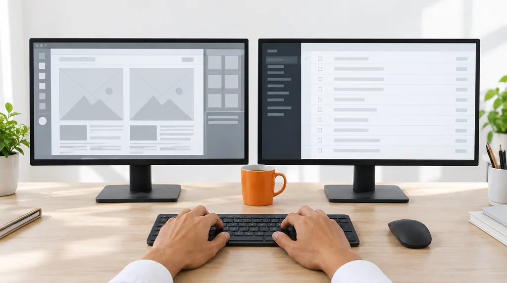 Two monitors side by side, one showing a visual design canvas of wireframe blocks and one showing a list view with a dark sidebar