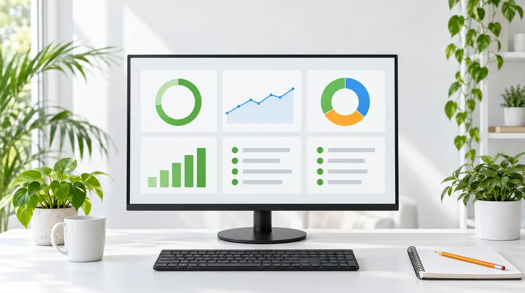 A monitor on a white desk showing a dashboard of cards with a ring chart, a line chart, a doughnut chart and a bar chart